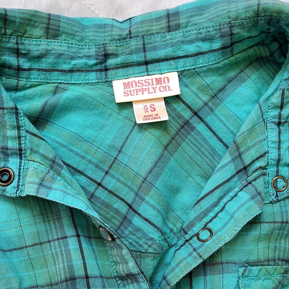 Mossimo Supply Co. Aqua/Green Plaid Cotten Button-Up Shirt Size Small Womens - Picture 6 of 7